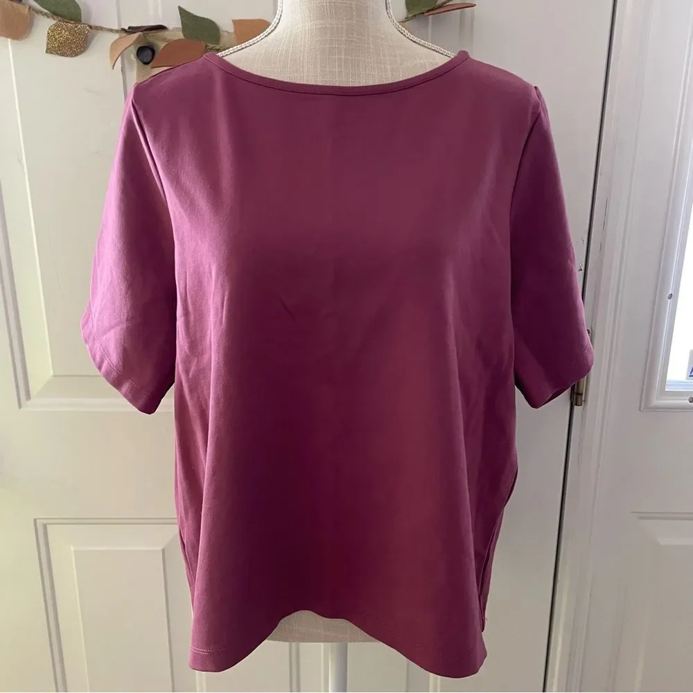 Beta Brand Women’s Boxy Short Sleeve High Low Top Burgundy Ponte Knit (Size XL)